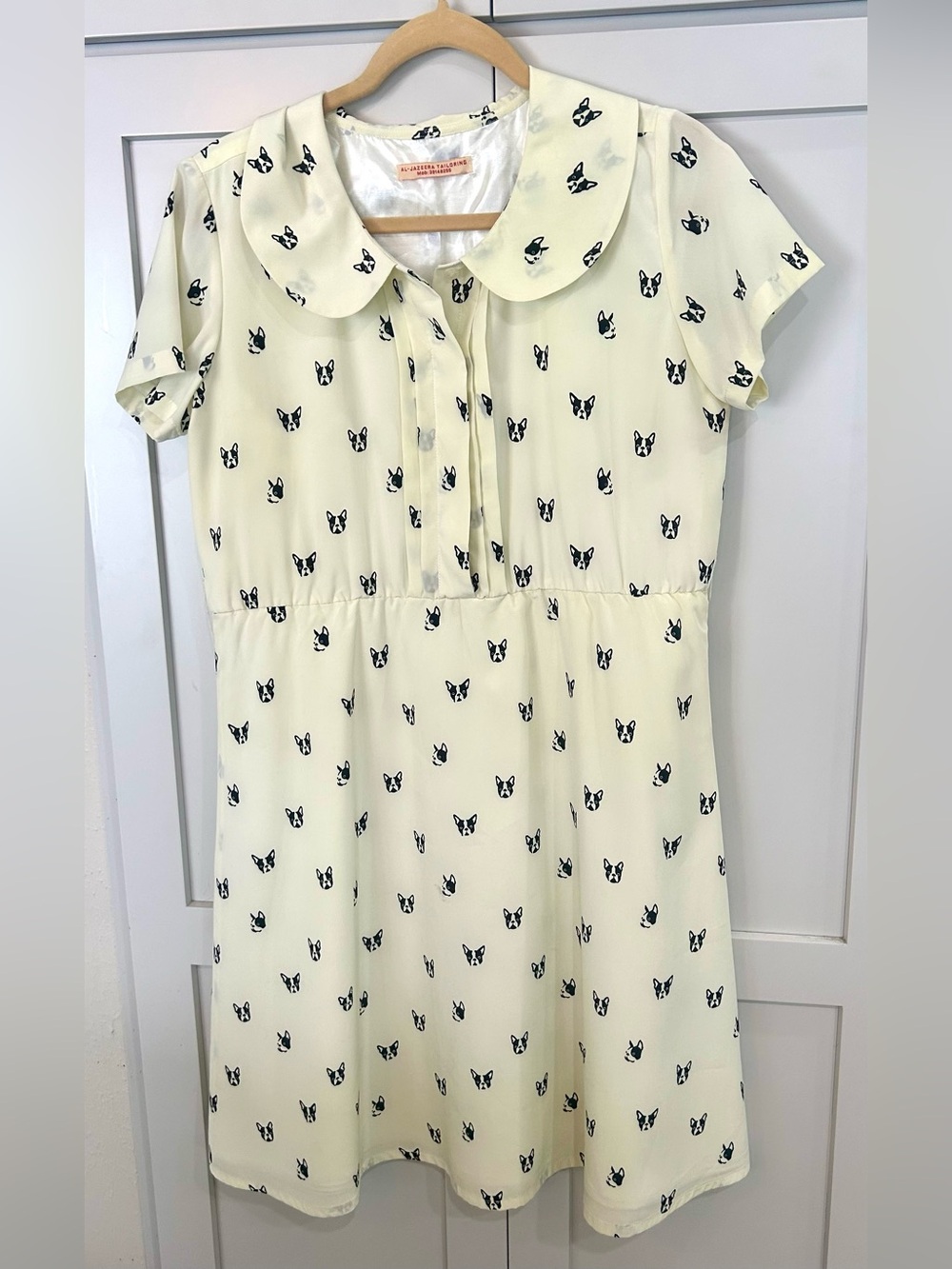Cream Short-Sleeve Midi Dress with French BullDog Print and Peter Pan Collar